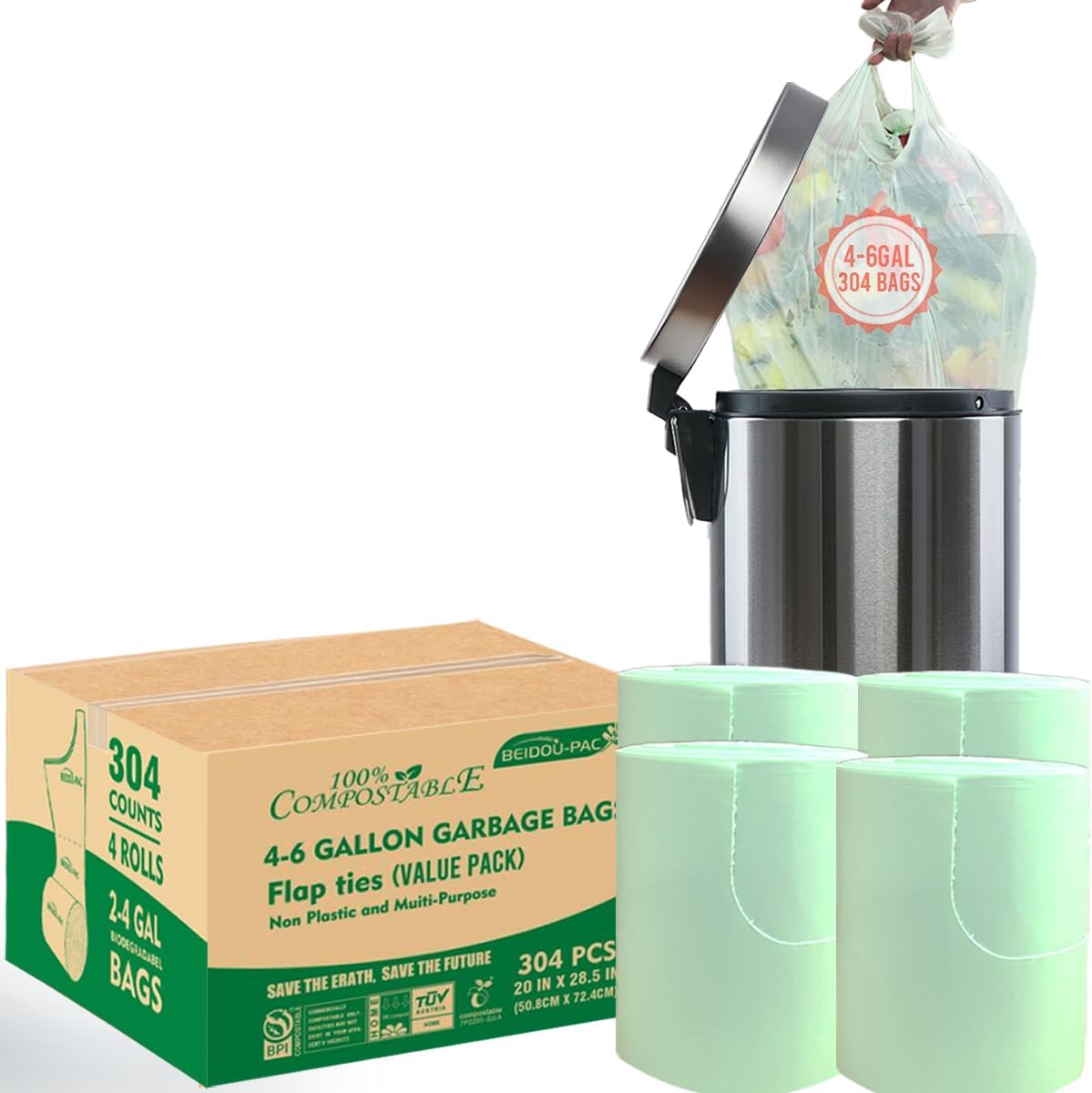 4-6 Gallon Flap Tie Compostable Trash Bags, 304 Count, Compost Bags Kitchen Trash Bags, Sturdy Biodegradable Garbage Bags Food Scrap Waste Bags, ASTM D6400, US BPI Certified