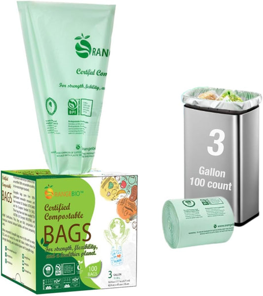 OrangeBio 3 Gallon Compostable Trash Bags, 100 Count, Food Grade, Plant-based, Biodegradable, Leak-proof, Tear-resistant, Dishwasher Safe