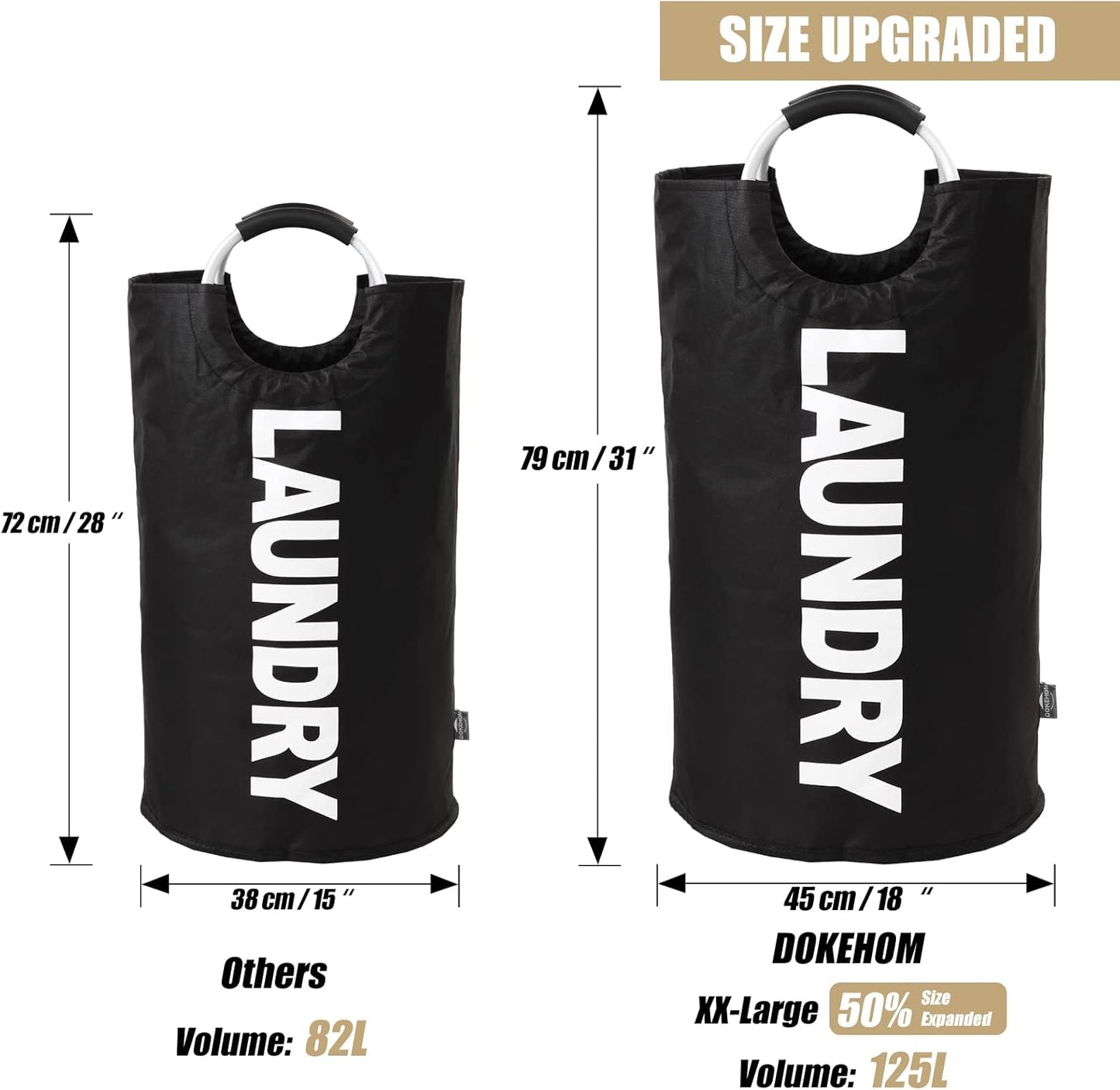 DOKEHOM 125L X-Large Laundry Basket, Collapsible Laundry Bag, Freestanding Tall Clothes Hamper, Foldable Washing Bin (Black)