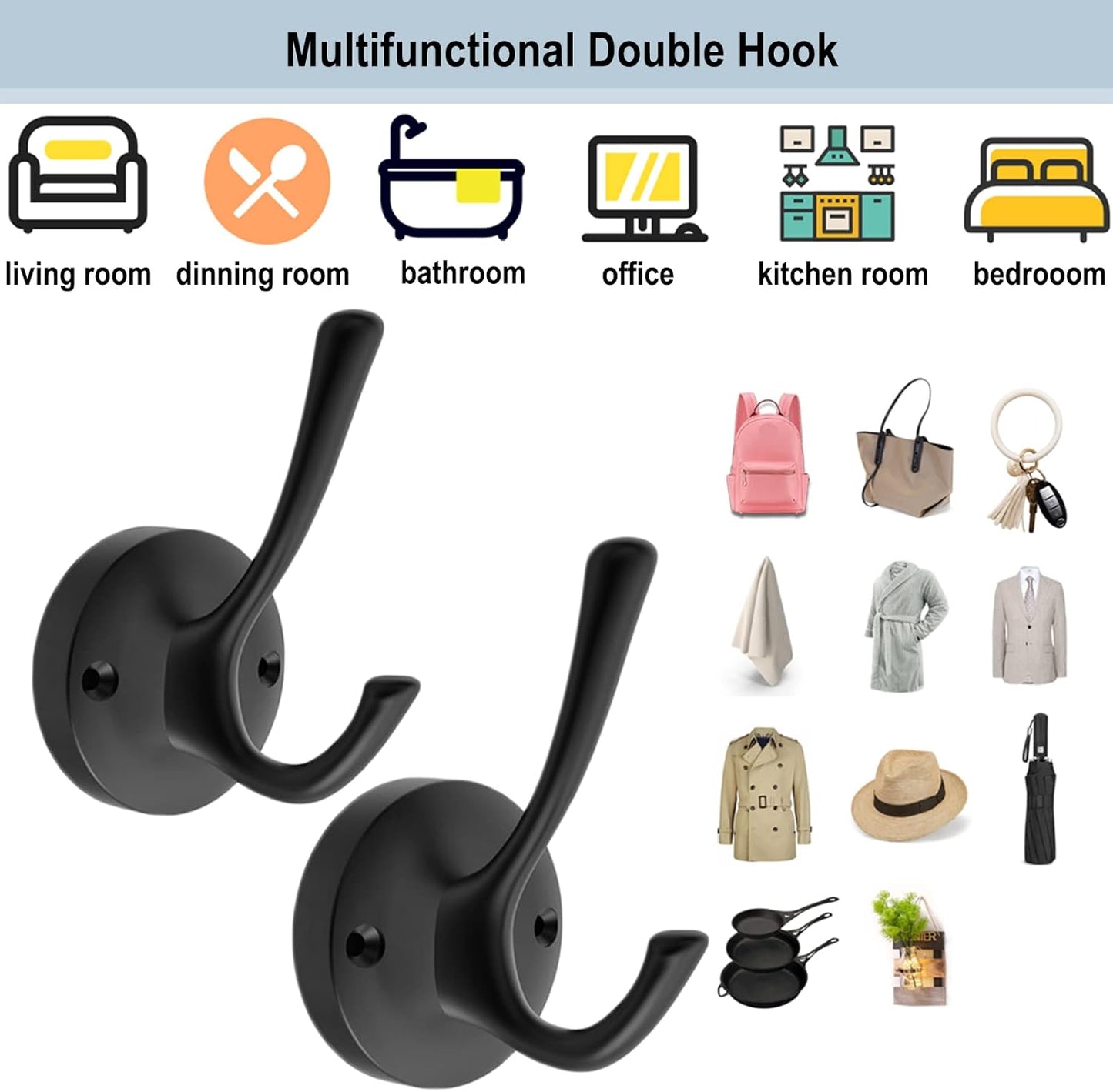 Black Towel Hooks, 2 Pack Coat Robe Hook Heavy Duty Metal Double Bathrobe Hook Wall Mounted, Hand Towels Hooks for Cubicle Bathroom Kitchen Closet Garage
