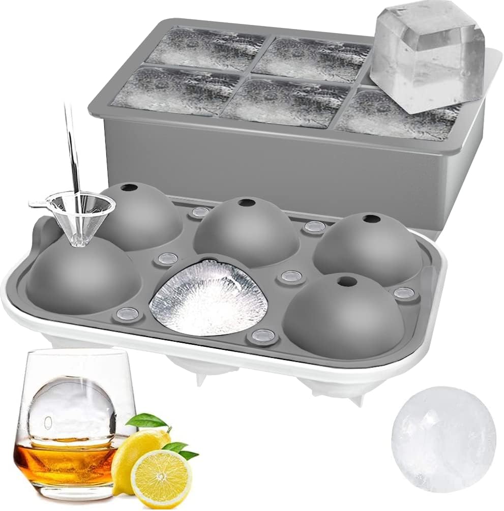 ROTTAY Ice Cube Trays (Set of 2), Sphere Ice Ball Maker with Lid & Large Square Ice Cube Maker for Whiskey, Cocktails and Homemade, Keep Drinks Chilled, Grey