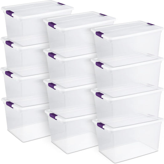 Sterilite 12-Pack ClearView Latch Box, Stackable Storage Organizer Bins for Home, 66 Quart