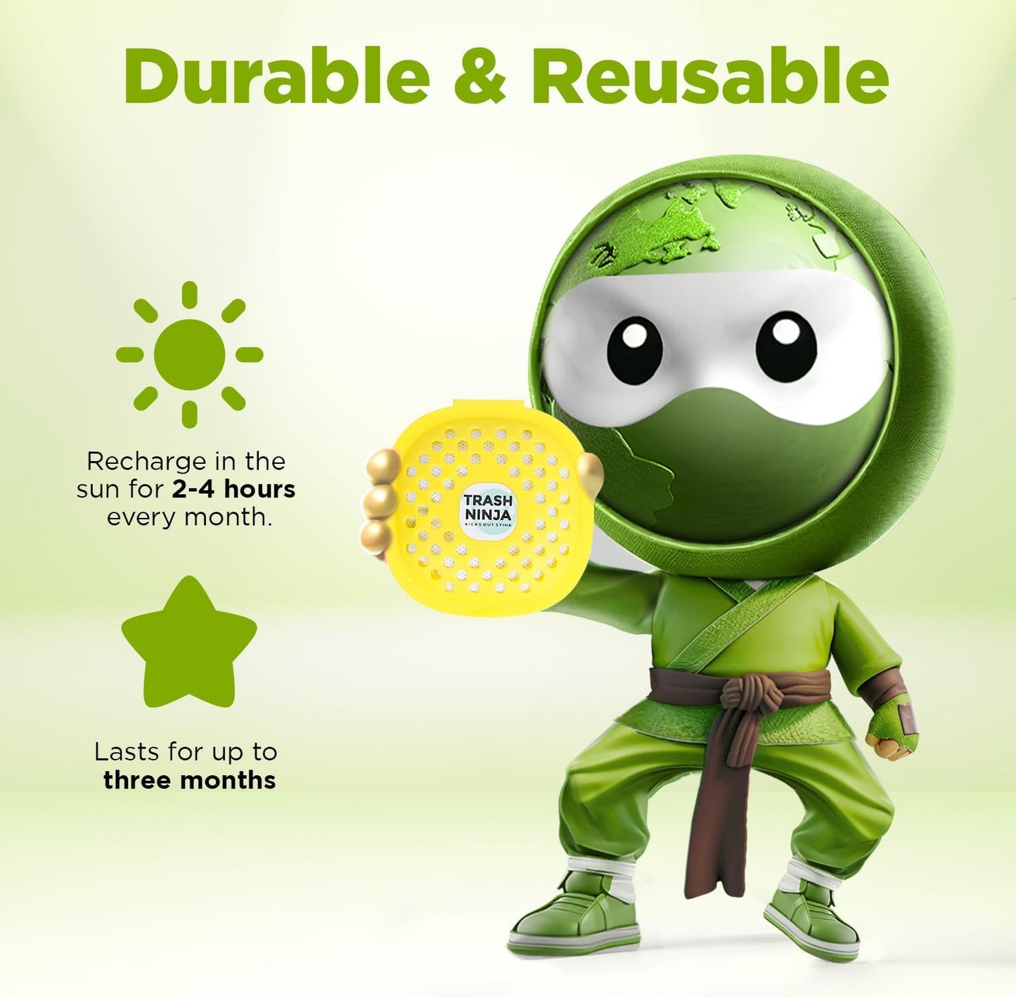 Trash Ninja Trash Odor Eliminator – Long-Lasting Citrus Scent Deodorizer with Activated Charcoal, Stick-On Freshener for Garbage Can, Fridge, Bathroom, Kitchen, and Diaper Pail Odors