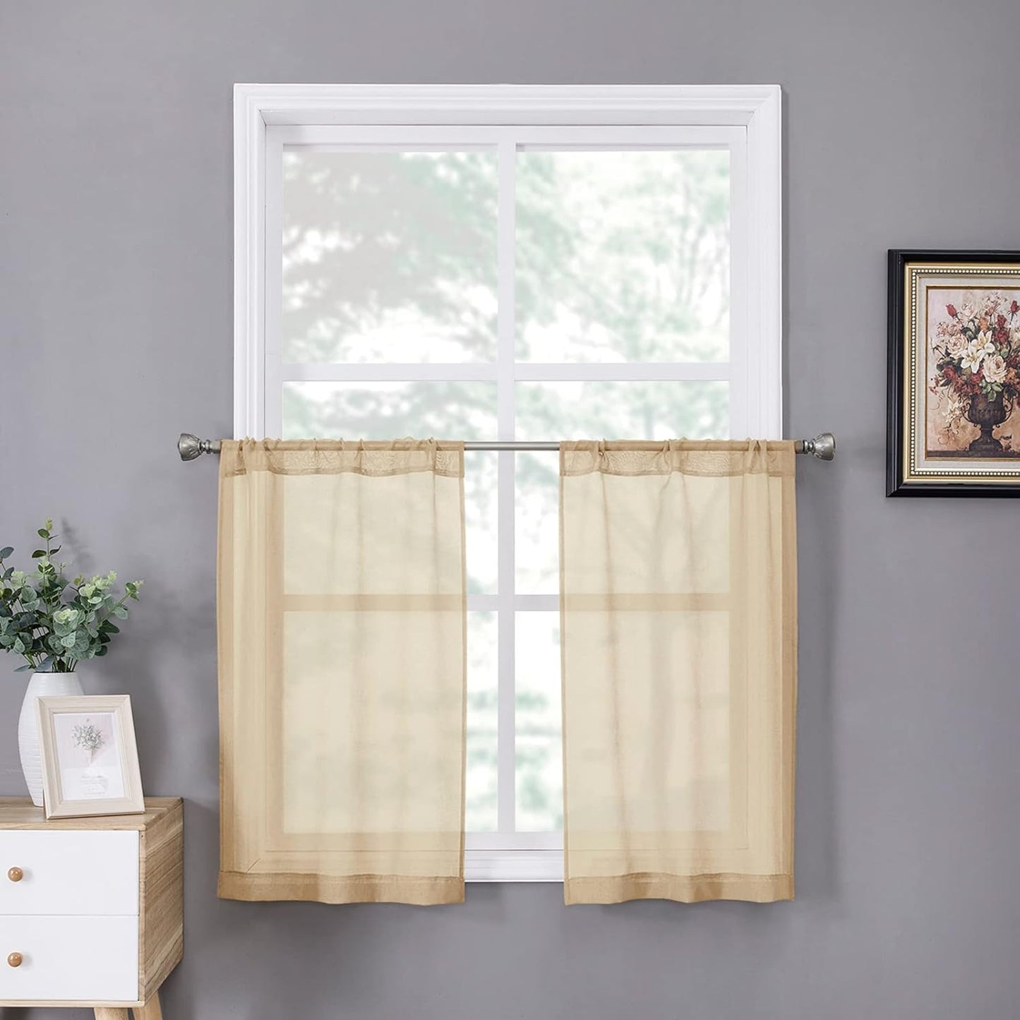 Tollpiz Sheer Tier Curtain Linen Textured Half Kitchen Curtains Sheer Light Filtering Rod Pocket Voile Small Curtains for Bathroom, 25 x 36 inches Long, Beige, Set of 2 Panels