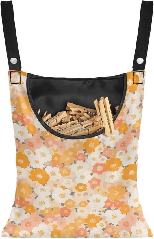 Clothes Pin Hanging Bag with Hanging Rope 14.5 X 12 Inch Clothespin Bag for Clothes Pins and Clothespins Heavy Duty Outdoor Use - Floral Yellow