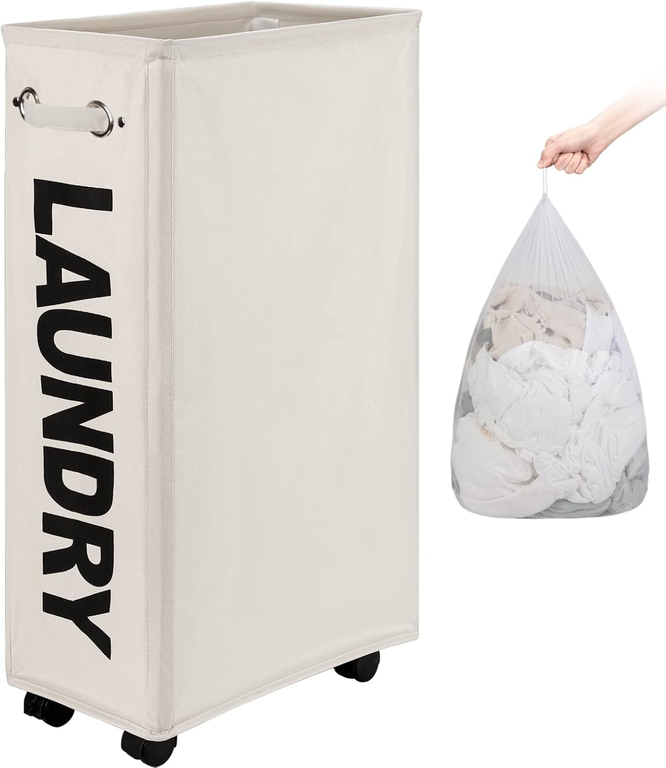 DOKEHOM 29-Inches Enlarged Slim Laundry Basket with Removable Wash Bag on Wheels, Collapsible Rolling Laundry Hamper, Foldable Narrow Corner Clothes Storage Bins (Beige)