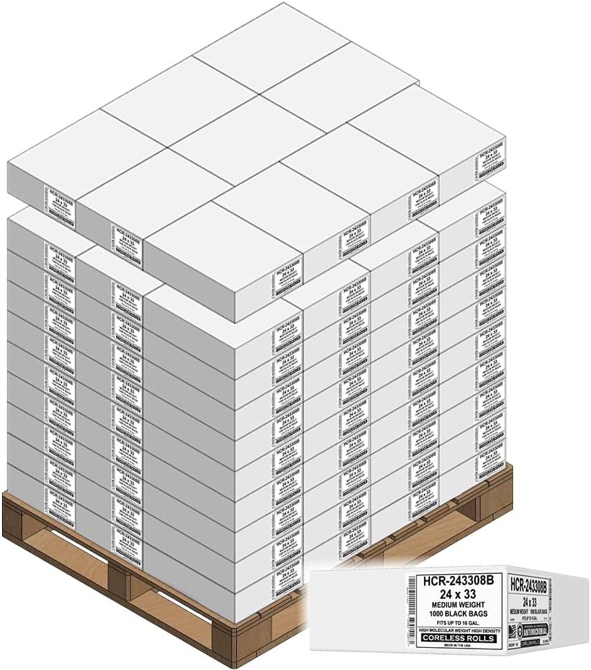 Aluf Plastics 12-16 Gallon Black Trash Bags (1000 Count) - 24" x 33" - 8 Micron Equivalent High Density Value Garbage Bags for Bathroom,Recycling(1 Pallet of 100 Cases, 100000 Bags Total)