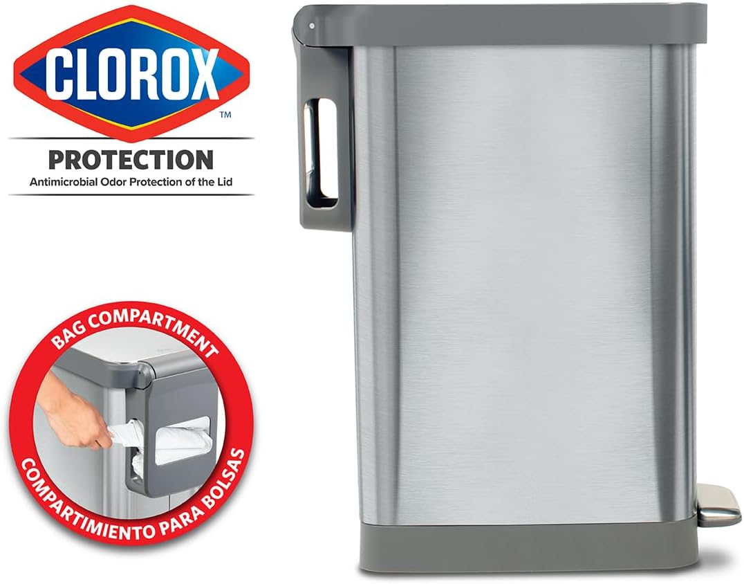 Glad Slim Trash Can with Clorox Odor Protection - Narrow Kitchen Garbage Bin with Soft Close Lid, Step On Foot Pedal and Waste Bag Roll Holder, All Stainless, 45 Liter