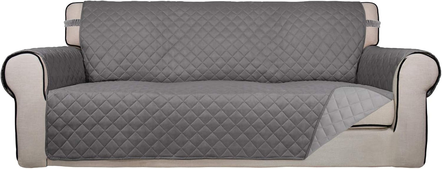 PureFit Reversible Quilted Sofa Cover, Water Resistant Slipcover Furniture Protector, Washable Couch Cover with Non Slip and Elastic Straps for Kids, Dogs, Pets (Oversized Sofa, Gray/Light Gray)