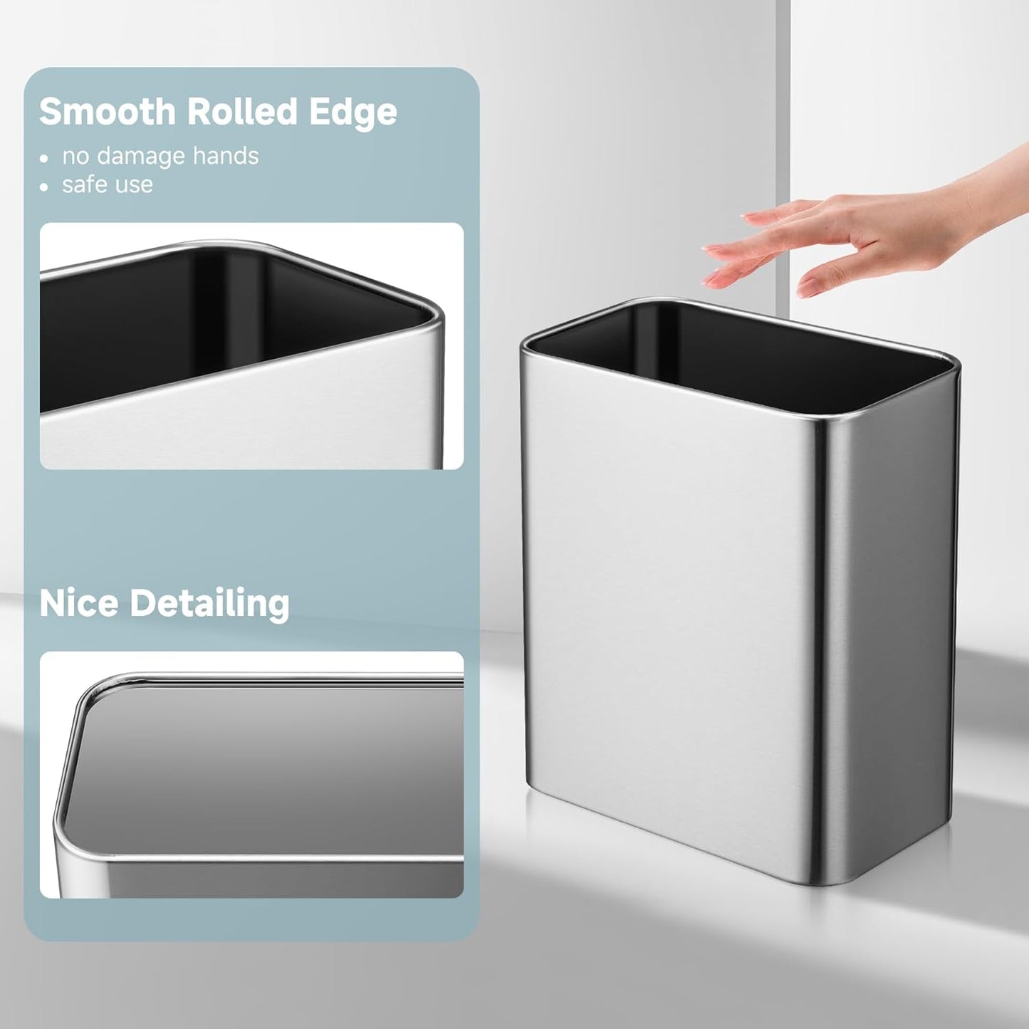 TIPGO Small Metal Trash Can, 2.1 Gallon Slim Trash Can for Bathroom, Wastebasket Garbage Bin for Bedroom, Office, Kitchen, Under Sink (Silver)