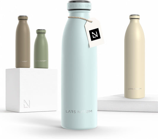 LARS NYSØM Stainless Steel Insulated Water Bottle 12oz 17oz 25oz 34oz 51oz | Insulated Thermo Flask for Hot and Cold Beverages | Leakproof Drinking Bottle (Misty Blue, 17oz)