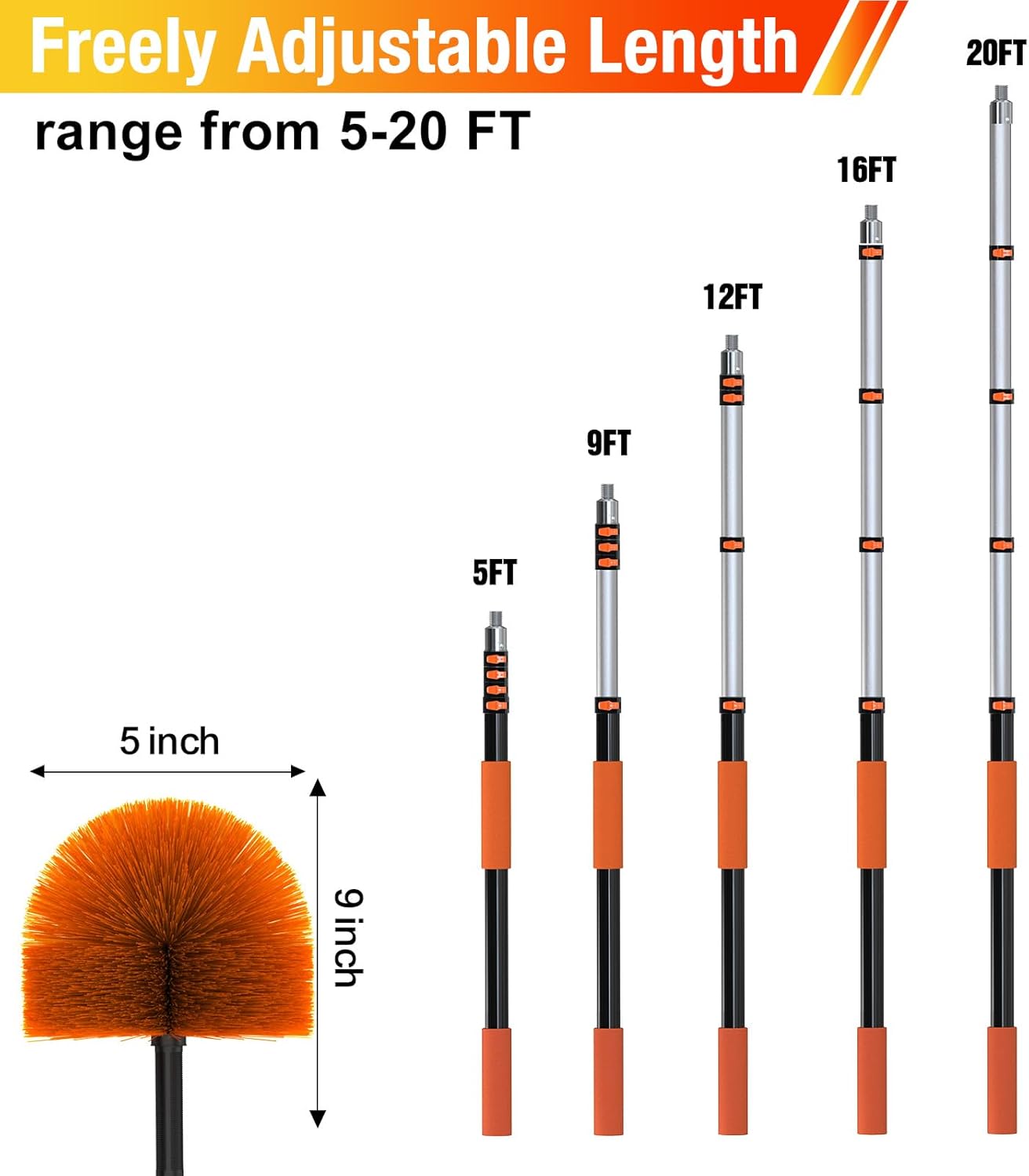 20FT (26FT Reach) Cobweb Duster with Extension Pole, Spider Web Brush for Cleaning Extendable, Professional Ceiling and Corner Dusters for Outdoor Indoor Use