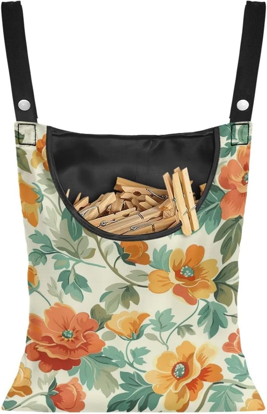 Art Flower Clothespin Bag Clothes Pin Hanging Bag Clothespin Bag with Hanging Hook 12 x 14.6 Inch Laundry Clothes Pin Holder Waterproof Clothes Pin Hanging Bag Clothespin Storage