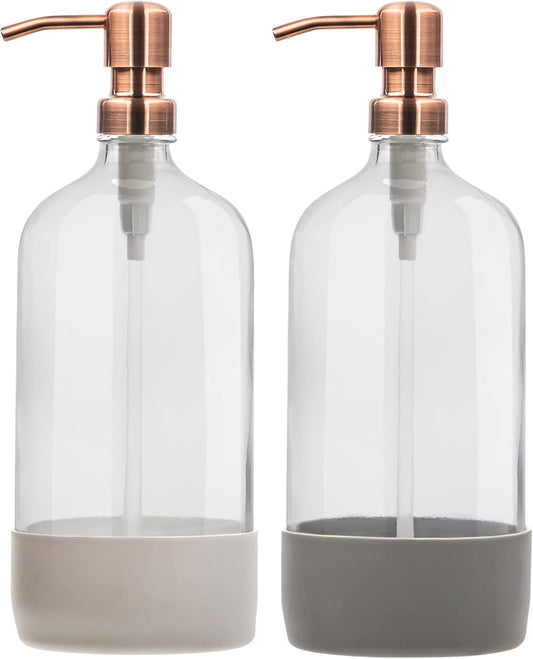 32 oz Glass Pump Bottle Rustproof Stainless Steel Pump, Funnel, and Lids. Modern Farmhouse Vintage Jar, Large Glass Shampoo Bottles with Pump and Laundry Soap Dispenser - Rose Gold