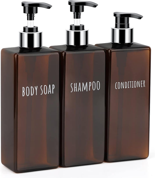 Segbeauty Shampoo and Conditioner Dispenser, 3 Packs 16.9oz Refillable Bathroom Soap Dispenser Set, 500ml Plastic Square Shower Press Pump Bottles Liquid Lotion Dispenser for Kitchen Sink Amber