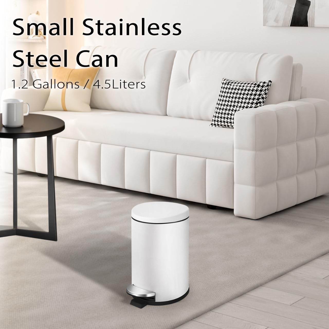 TIPGO Small Trash Can with Lid Soft Close, 4.5 Liters / 1.2 Gallon Bathroom Garbage Can, Mini Step Trash Bin, Stainless Steel Wastebasket for Bathroom, Bedroom, Office (White)