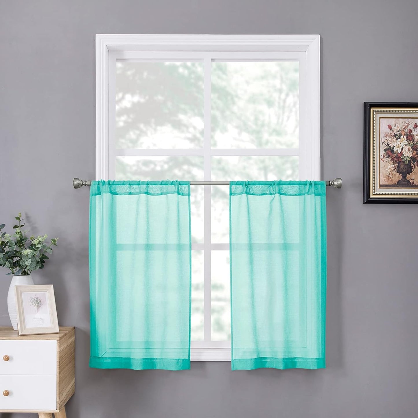 Tollpiz Sheer Tier Curtain Linen Textured Half Kitchen Curtains Sheer Light Filtering Rod Pocket Voile Small Curtains for Bathroom, 25 x 36 inches Long, Aqua Blue, Set of 2 Panels