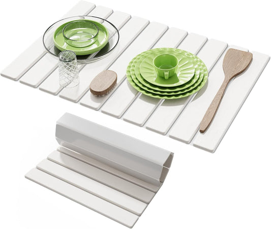 Large Stone Dish Drying Mats for Kitchen Counter,23.6''x15.3'' Foldable Quick Dry Stone Mat Kitchen,Eco-Friendly,Absorbent Diatomaceous Earth Mats for Dishes Bottles Cups Bathroom Any Countertop-White