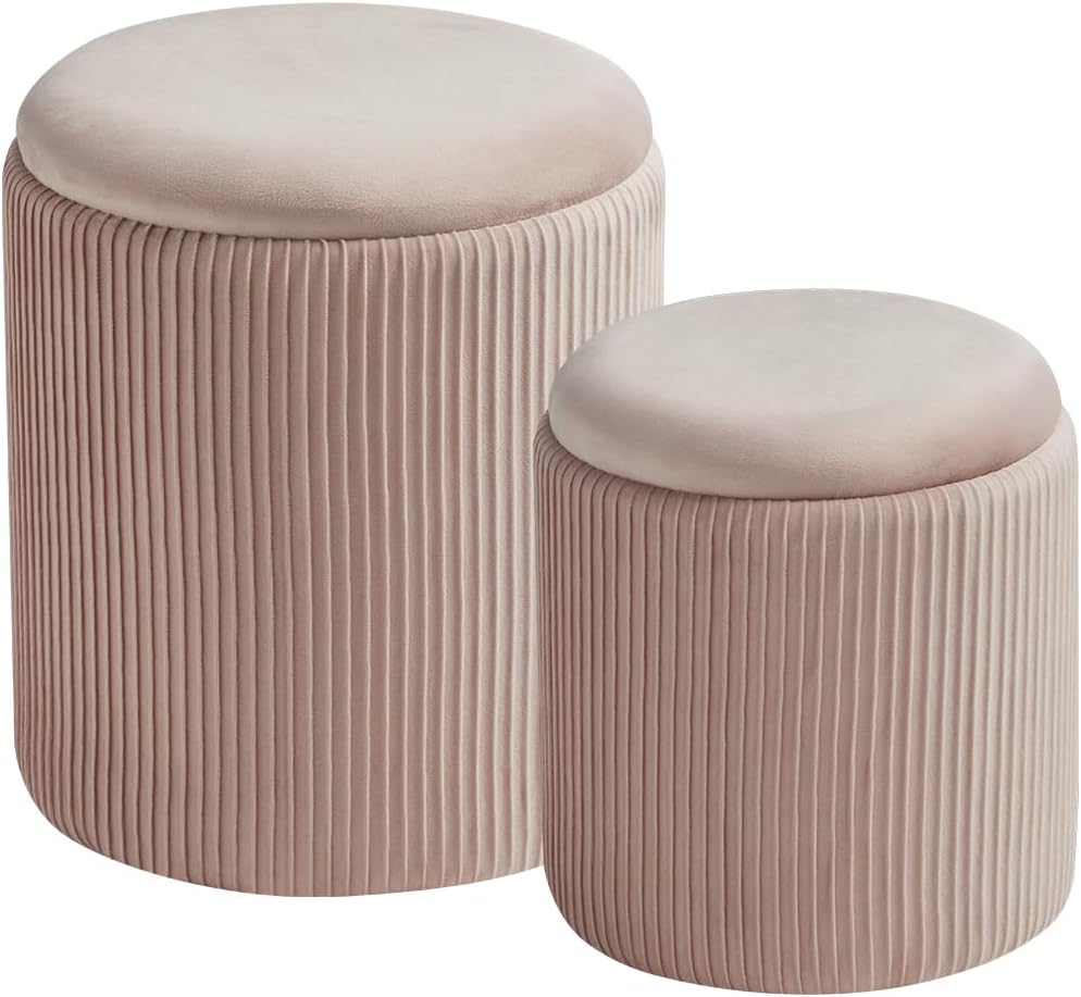 Round Set of 2 Ottoman with Storage-Upholstered Velvet Vanity Stool for Makeup Multifunctional Ottomans Coffee Table Padded Seat Foot Rest for Living Room&Bedroom (Pink)
