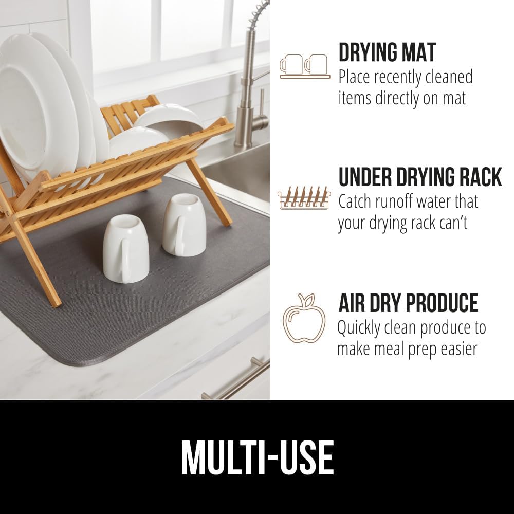 GORILLA GRIP Ultra Water Absorbent Microfiber Dish Drying Mat, Quick Dry Thick Mesh, Slip Resistant Pad for Sink Dishes or Under Rack, Kitchen Counter Accessories, 16x18, Machine Wash Mats, Gray