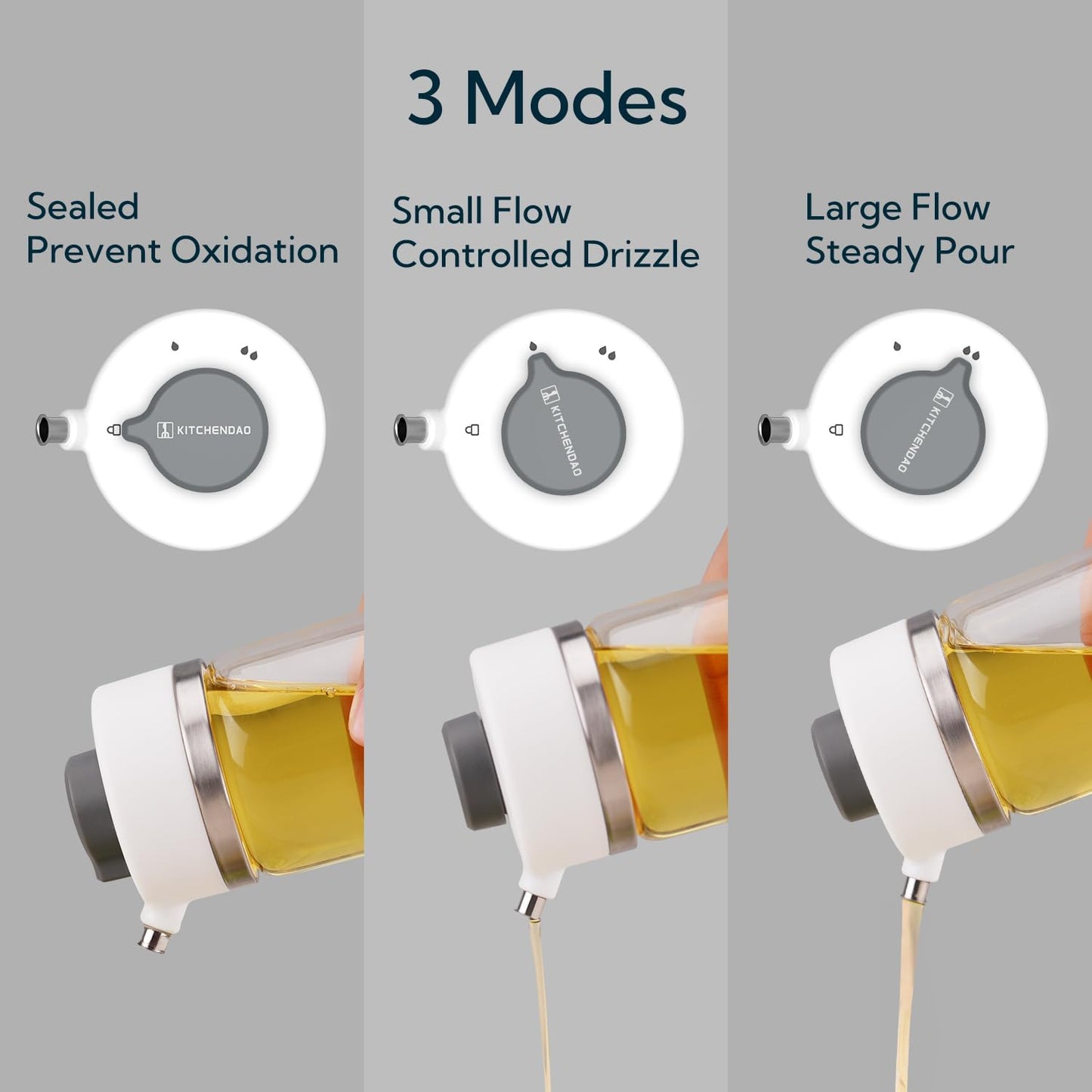 KITCHENDAO Precision Pour Glass Oil Dispenser with 3 Modes, Drip-free Spout, Two Adjustable Flowing Speed, 12 oz Vinegar Dispenser Bottle for Kitchen, Borosilicate Glass Olive Oil Bottle for Cooking