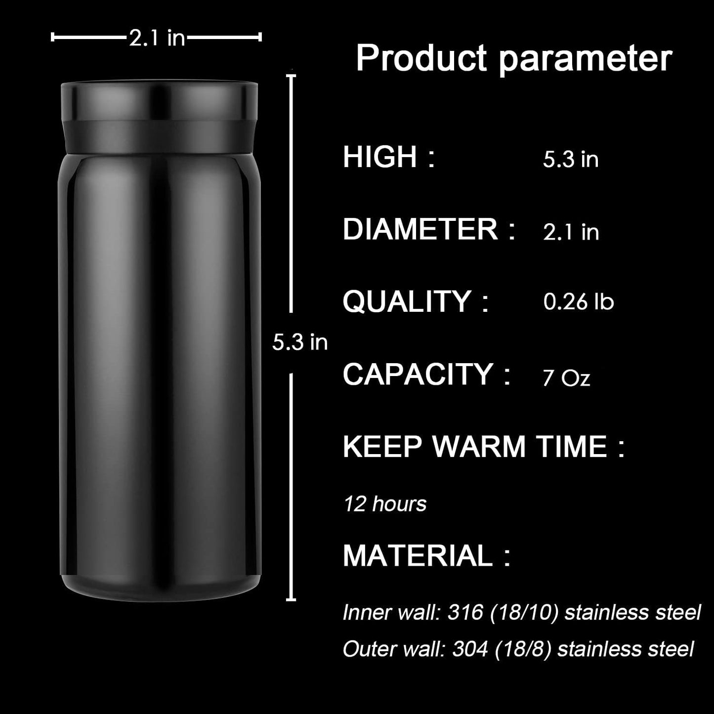 Mini Thermos Cute Water Bottle - 7 oz Tiny Insulated Vacuum 18/10 Stainless Steel Small Flask - Leak Proof & Spill Proof & Keeps Cold and Hot for Drink, Coffee, Tea - Black