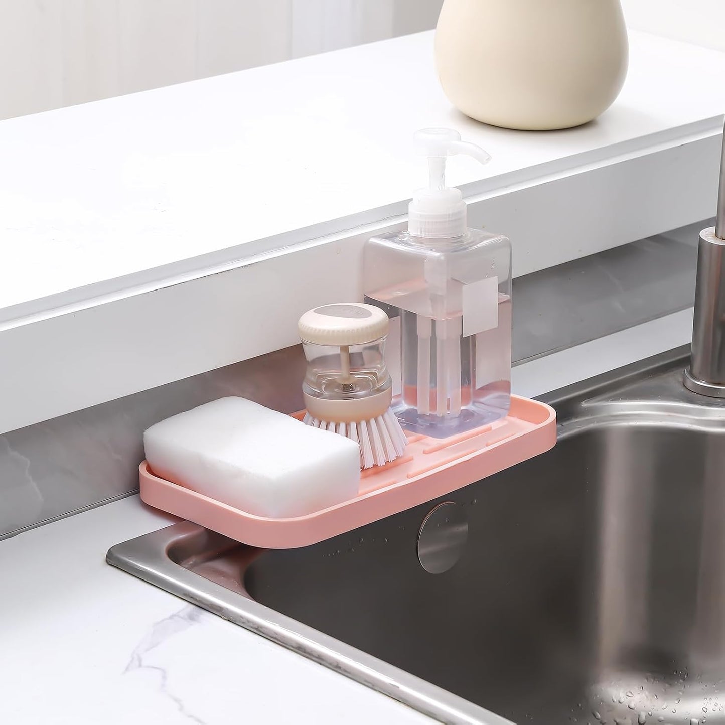 Silicone Kitchen Sink Organizer Tray for Multiple Usage,Easy Clean,Eco-Friendly Sponges Holder for Kitchen Bathroom Counter or Sink,Dish Soap Dispenser,Scrubber,Bottle,Cup Pink 10”x 5.3”