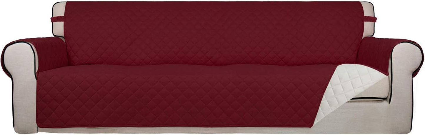 PureFit Reversible Quilted Sofa Cover, Water Resistant Slipcover Furniture Protector, Washable Couch Cover with Non Slip and Elastic Straps for Kids, Dogs, Pets (XX Large, Red/Ivory)