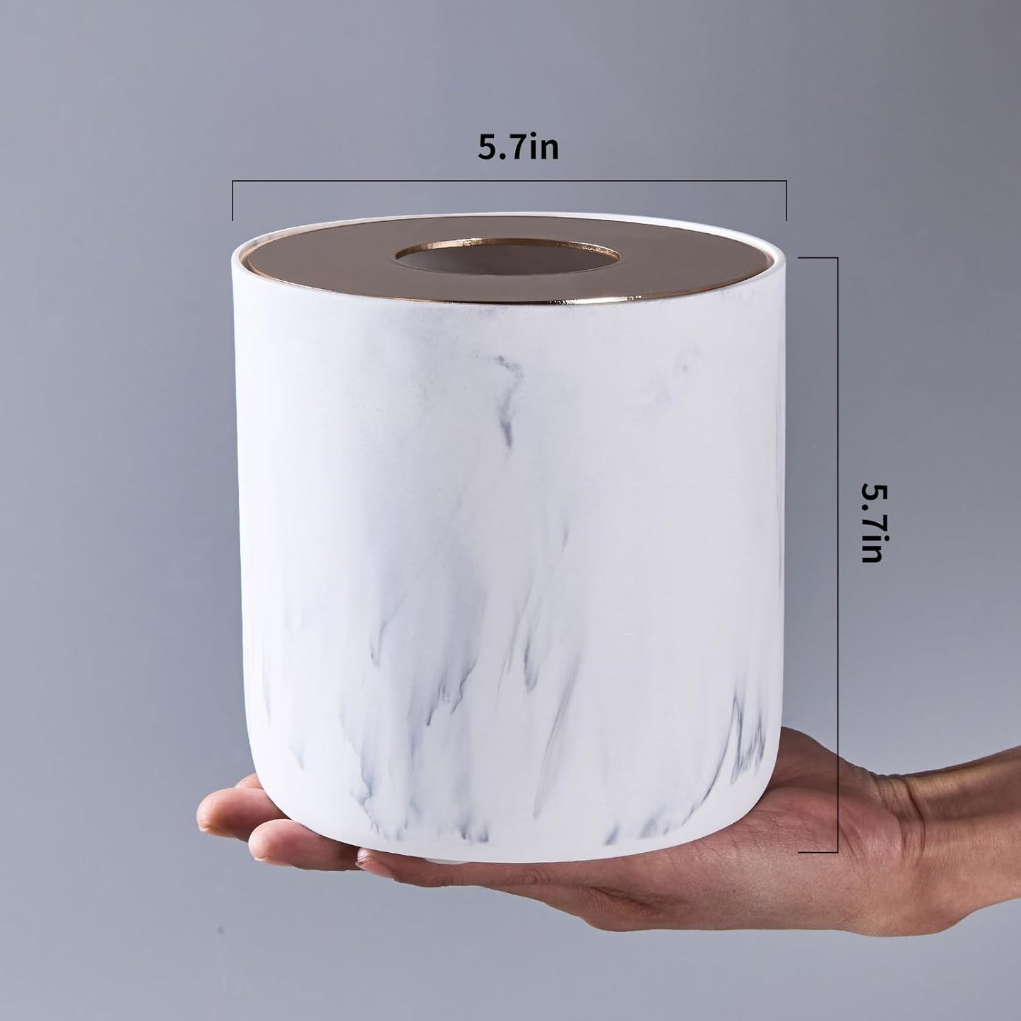 White Marble Textural Mini Trash Can with Rose Gold Stainless Steel Lid, Small Countertop Trash Can for Bathroom Kitchen,Desk Trash Can,Table top Mini Garbage Cans,Resin Tiny Waste Basket for Vanity