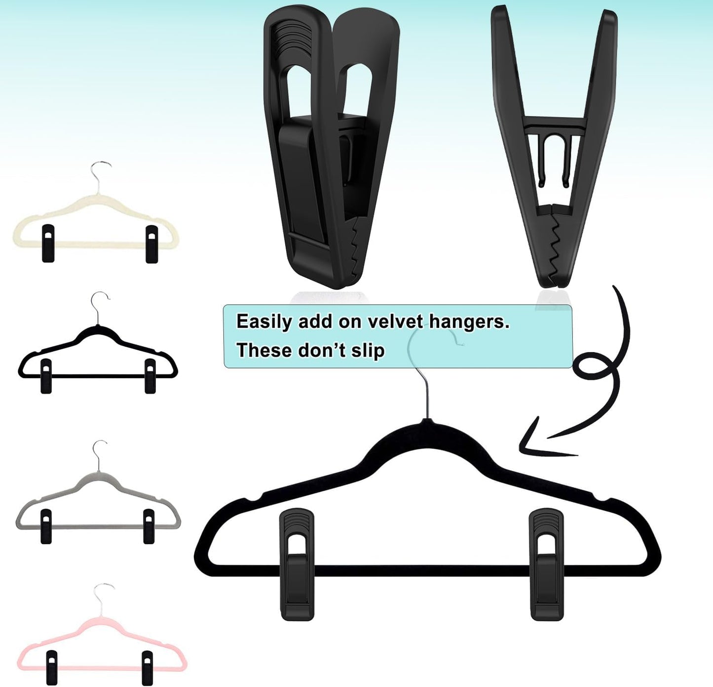 Hanger Clips Perfect for Velvet Hangers (Black, 80 PCS), Strong Plastic Clips Pant Skirt Hanger Clips for Black Flocking Felt Hangers