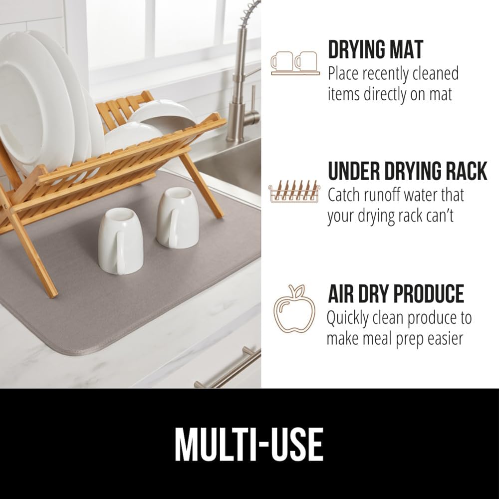 GORILLA GRIP Ultra Water Absorbent Microfiber Dish Drying Mat, 18x24, Quick Dry Thick Mesh, Slip Resistant Pad for Sink Dishes or Under Rack, Kitchen Counter Accessories, Machine Wash, 2 Pack Almond