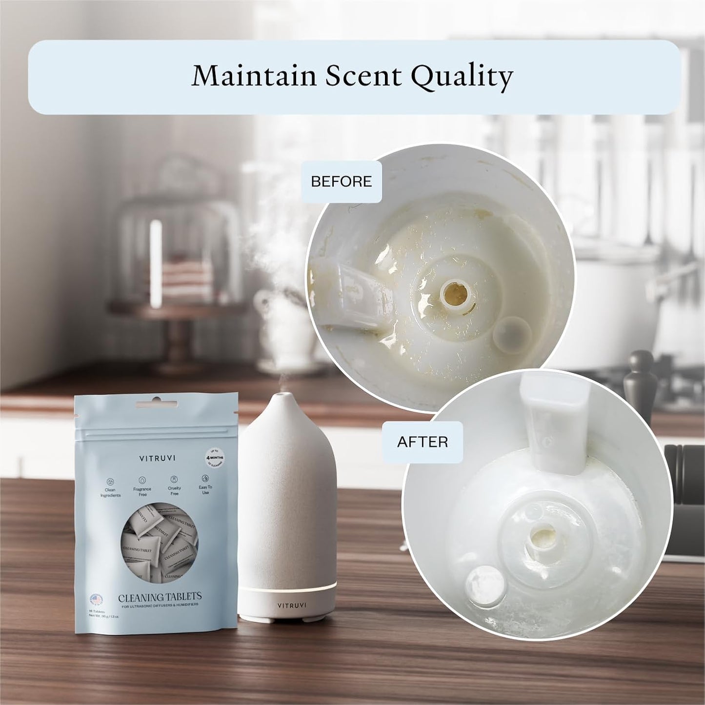 VITRUVI Cleaning Tablets for Diffusers & Humidifiers | Removes Stains & Residue, Prevents Buildup, Enhances Performance | Easy to Use | Made in USA - Pack of 18