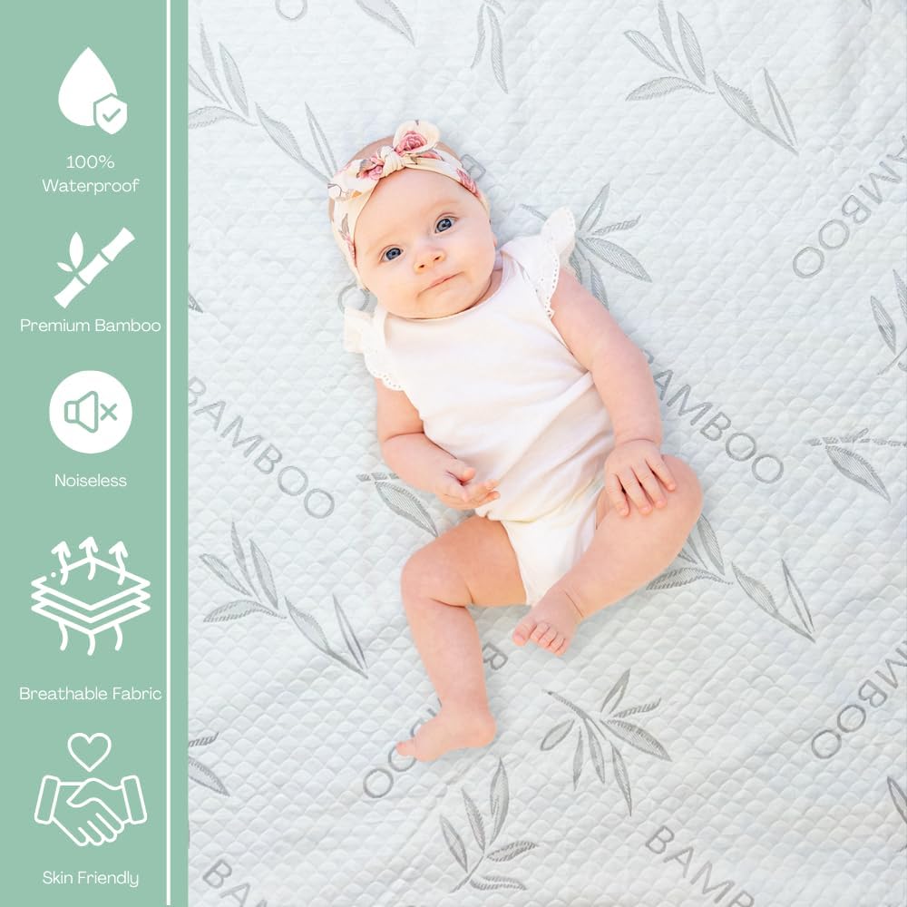 Bamboo Rayon Mattress Protector with Zipper + 2 Pillow Protectors - 100% Waterproof Cooling Full Size Cover - Ultra Soft Fabric Breathable Noiseless Mattress Pad Covers Zippered Encasement