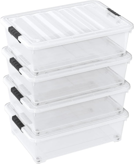 25 Quart Clear Under Bed Storage Container with Wheels, 4 Packs Stackable Plastic Underbed Bin with Lid