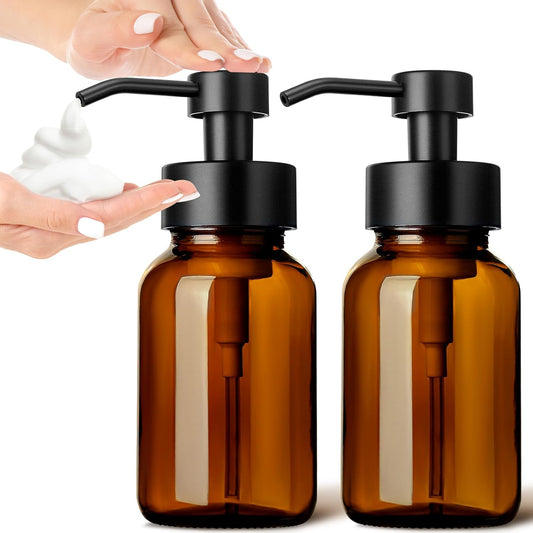 GMISUN Foaming Soap Dispenser, 8.5 fl oz / 250ml Amber Glass Foam Soap Dispenser for Bathroom & Kitchen, 2 Pack Modern Refillable Foaming Hand Soap Dispensers, Foam Pump Bottle with Waterproof Labels