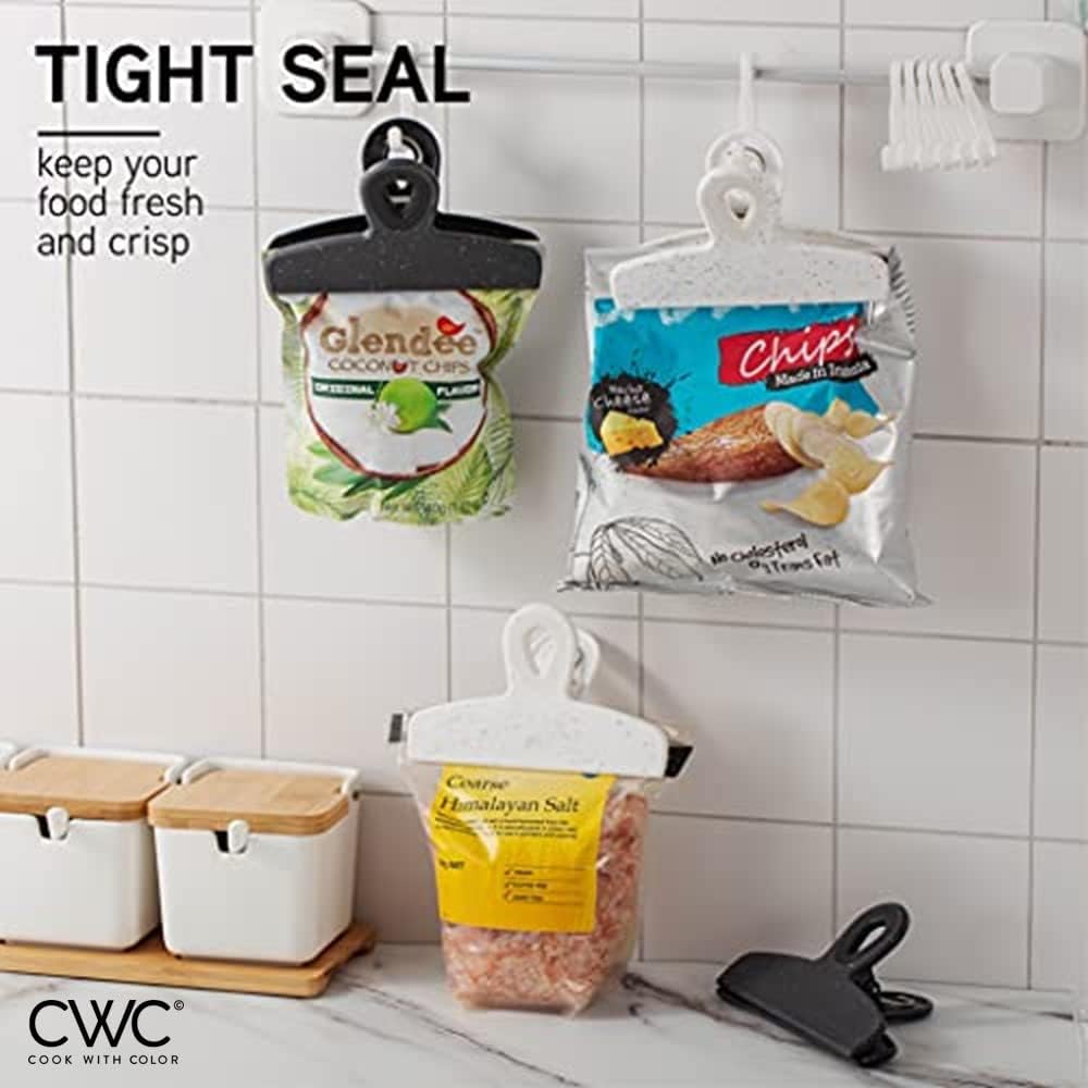COOK WITH COLOR Bag Clips - Heavy Duty Chip Clip and Refrigerator Magnet Clips for Food Storage with Air Tight Seal Grip, Black and White, Pack of 8 Large Clips