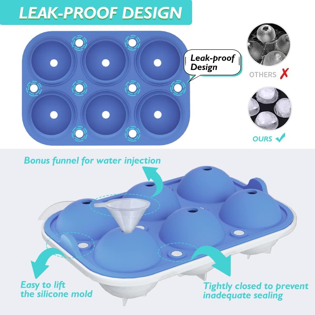 Ice Ball Maker, TINANA Reusable 2.5 Inch Ice Cube Trays, Easy Release Silicone Round Ice Sphere Tray with Lids & Funnel for Whiskey, Cocktails & Bourbon