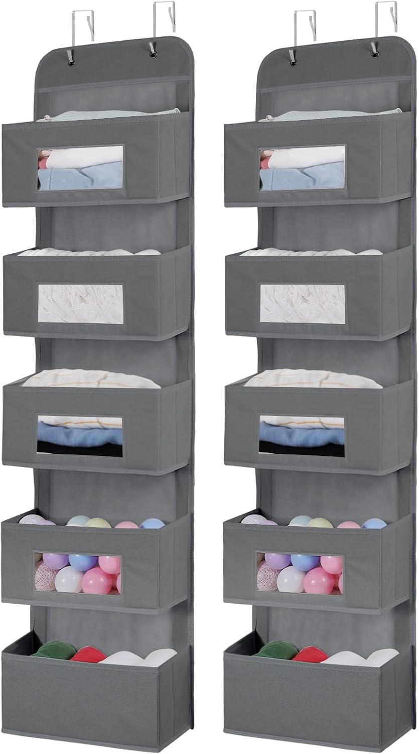 5-Shelf Over The Door Hanging Organizer with 2 Metal Hooks，5 Pocket Over The Door Wall Mount Storage with Clear Windows for Baby Nursery Bathroom Closet,Bedroom,Dorm (Gray-2 Pack)