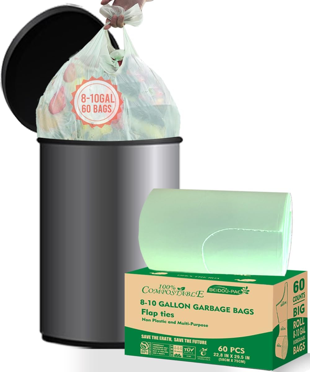 8-10 Gallon Flap Tie Compostable Trash Bags, 60 Count, Compost Bags Kitchen Trash Bags, Sturdy Biodegradable Garbage Bags Food Scrap Waste Bags, ASTM D6400, US BPI Certified