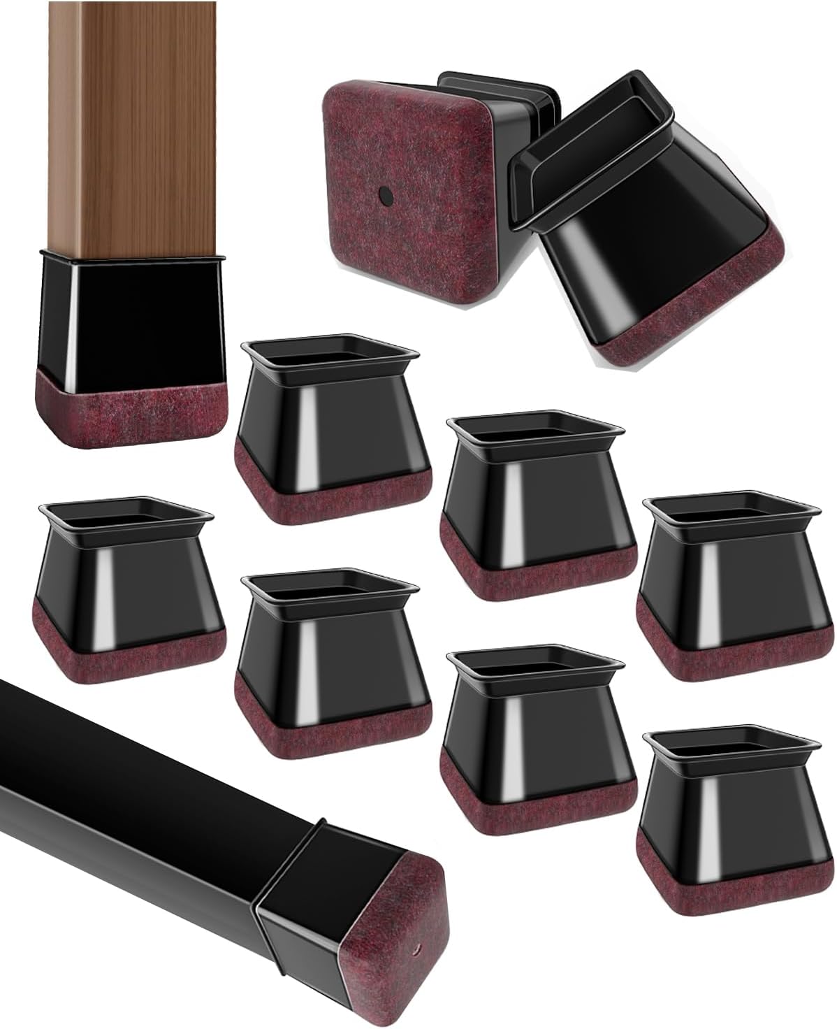 40 Pcs Chair Leg Floor Protectors for Hardwood Floors, Black Rubber Furniture Sliders with Felt, Silicone Furniture Leg Caps Covers (Fit Square Diameter:1.06" to 1.44")