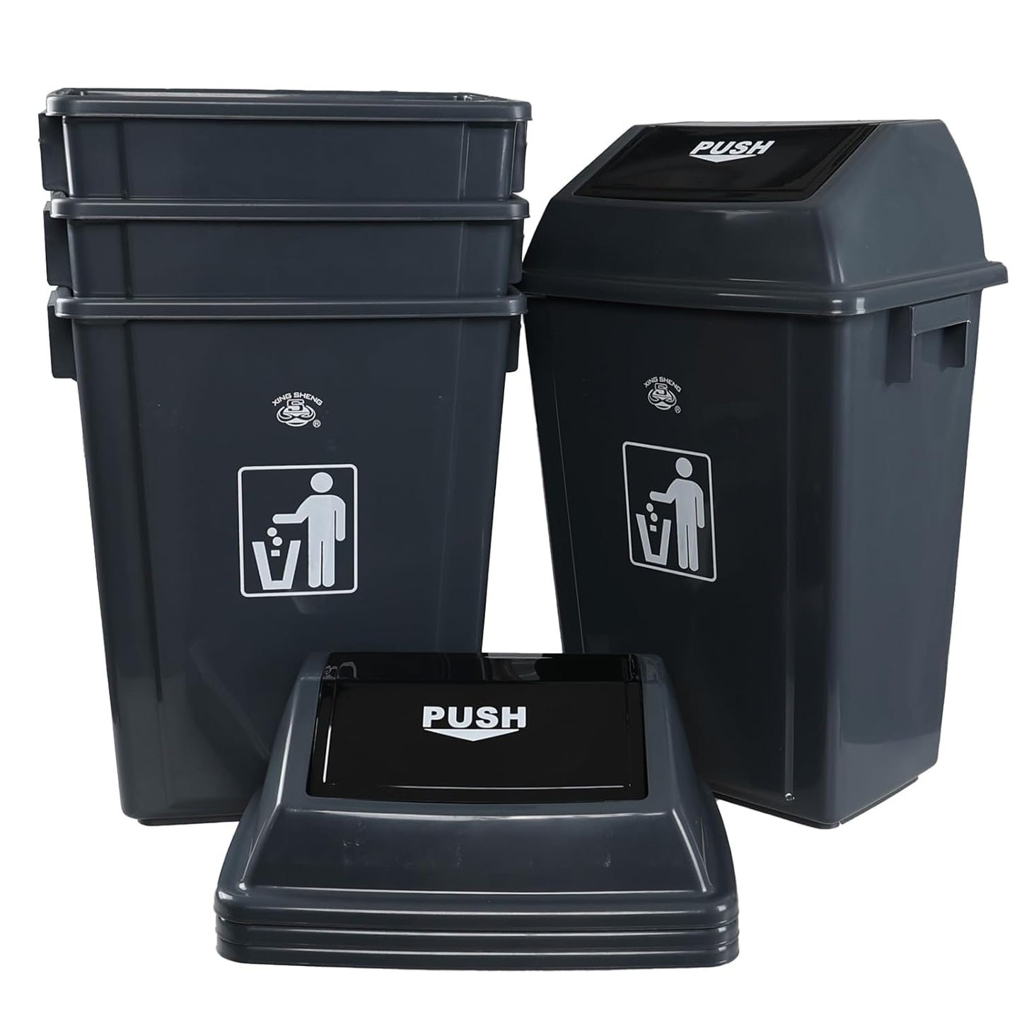 4-Pack 13 Gallon Plastic Trash Cans with Lids, Large Grey Garbage Waste Bin
