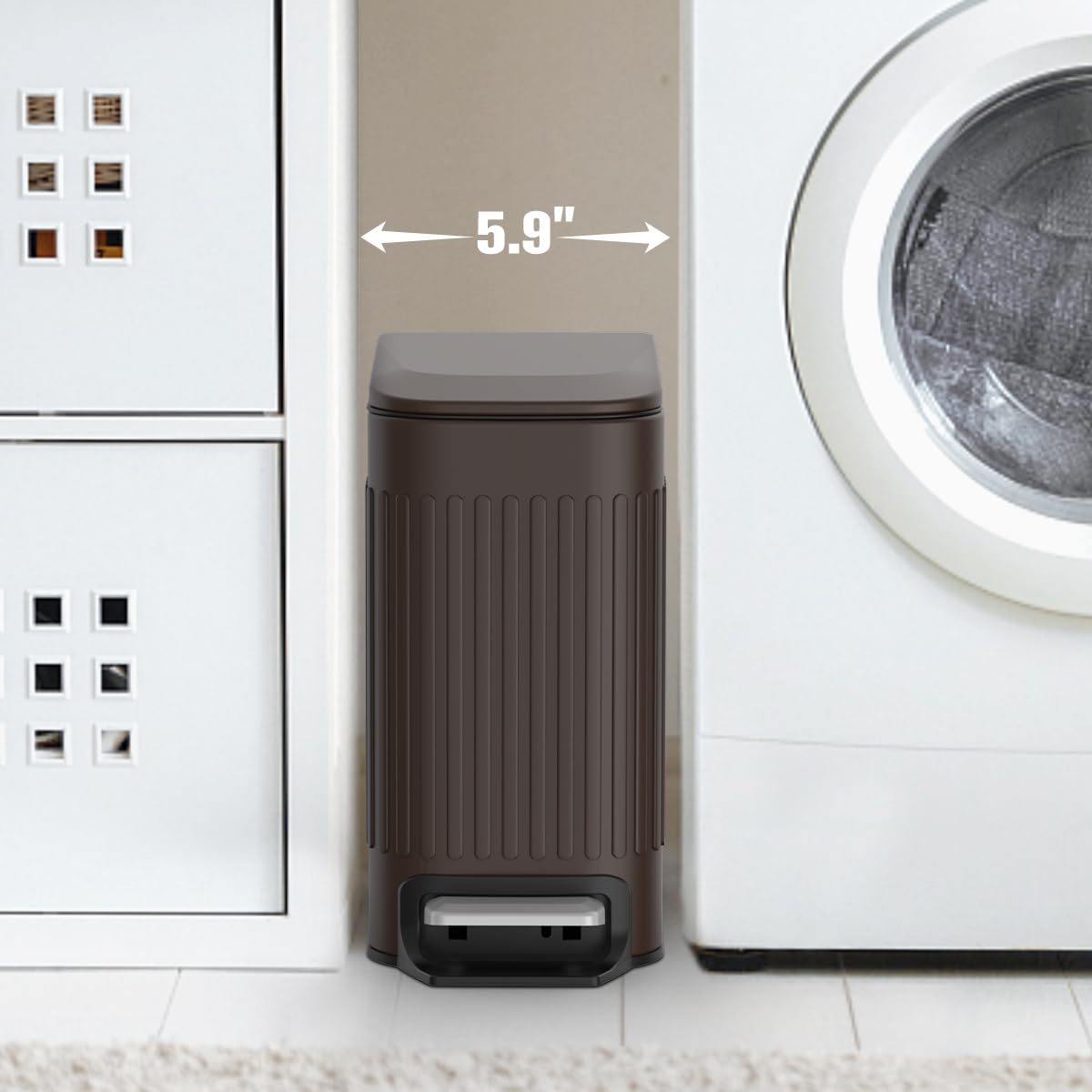 TrashAid Slim Bathroom Trash Can with Lid Soft Close, 6 Liter/1.6 Gallon Stainless Steel Small Garbage Can with Removable Inner Bucket, Step Pedal, Slim Wastebasket for Toilet, Office, Bedroom, Brown