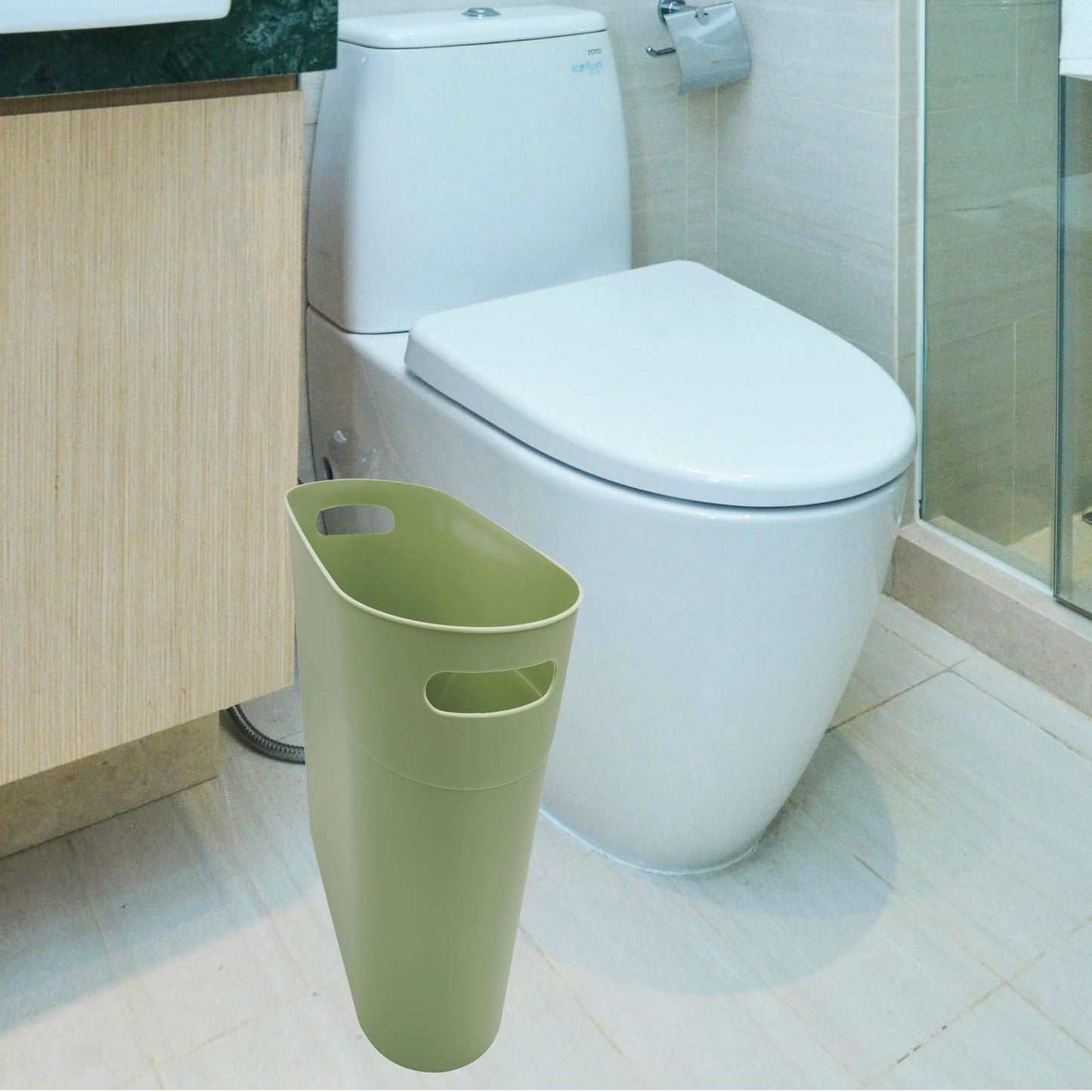 Small Trash Can Plastic Bathroom Wastebasket 3.2 Gallon Slim Garbage Container Bin with Handle for Home Kitchen Bathroom Bedroom Office, 2 Pack (Green)