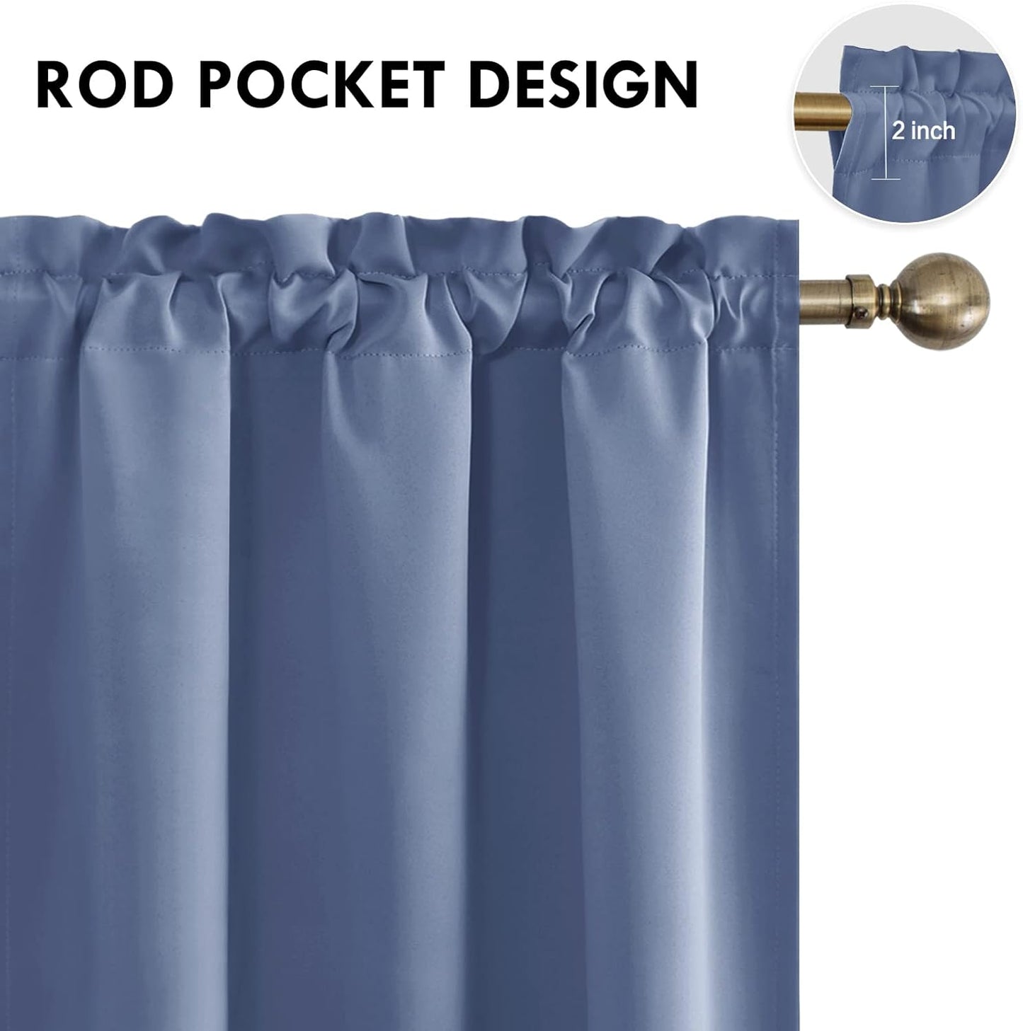 DWCN Blackout Curtains – Thermal Insulated, Energy Saving & Noise Reducing Bedroom and Living Room Curtains, Dusty Blue, W 38x L 45 Inch, Set of 2 Rod Pocket Curtain Panels