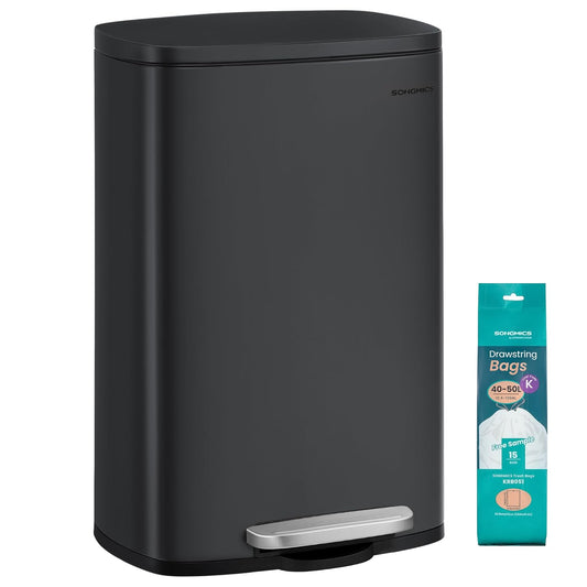 SONGMICS 13 Gallon (50 L) Trash Can, Stainless Steel Kitchen Garbage Can, Recycling or Waste Bin, Soft Close, Step-On Pedal, Removable Inner Bucket, Black ULTB050B01