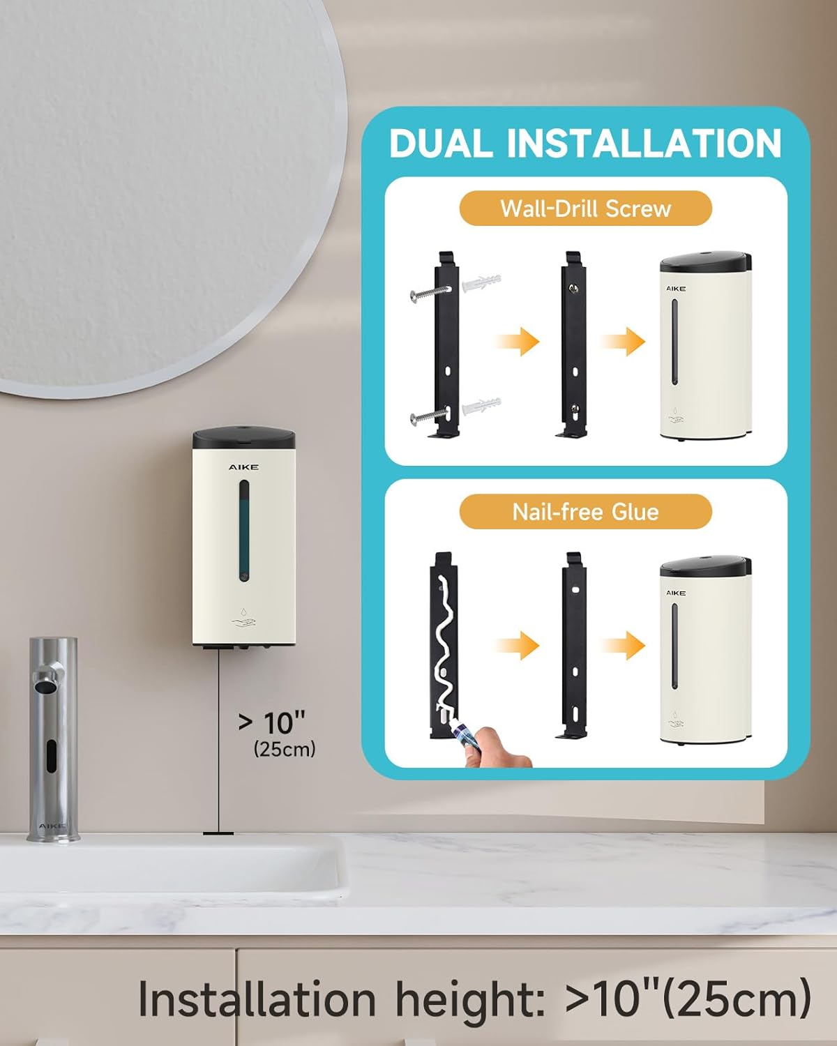 AIKE Automatic Wall Mount Liquid Soap Dispenser, Commercial Stainless Steel with 25oz Large Capacity Save Time Effort and Cost,Model AK1205 (Matte White)