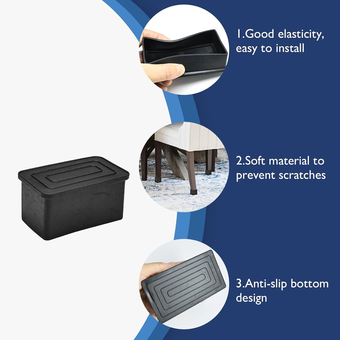 4 Pcs 1" x 1-1/2" Rectangular Rubber Chair Leg Caps, PVC Table Leg Covers, Flexible & Anti-Slip Furniture Leg End Caps, Chair Leg Floor Protectors for Bar Stool Leg Patio Indoor, Black