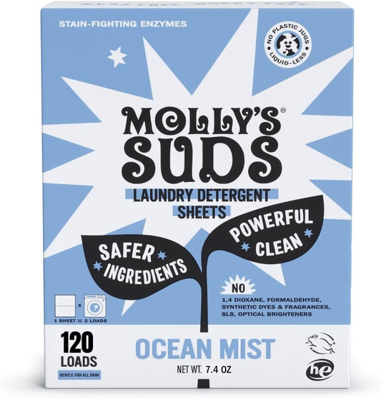 Molly’s Suds Laundry Detergent Sheets | Gentle on Sensitive Skin, Powerful Bio-Based Enzymes, Stain-Fighting | Liquidless & Plastic-Free Packaging | 120 Loads (Ocean Mist)