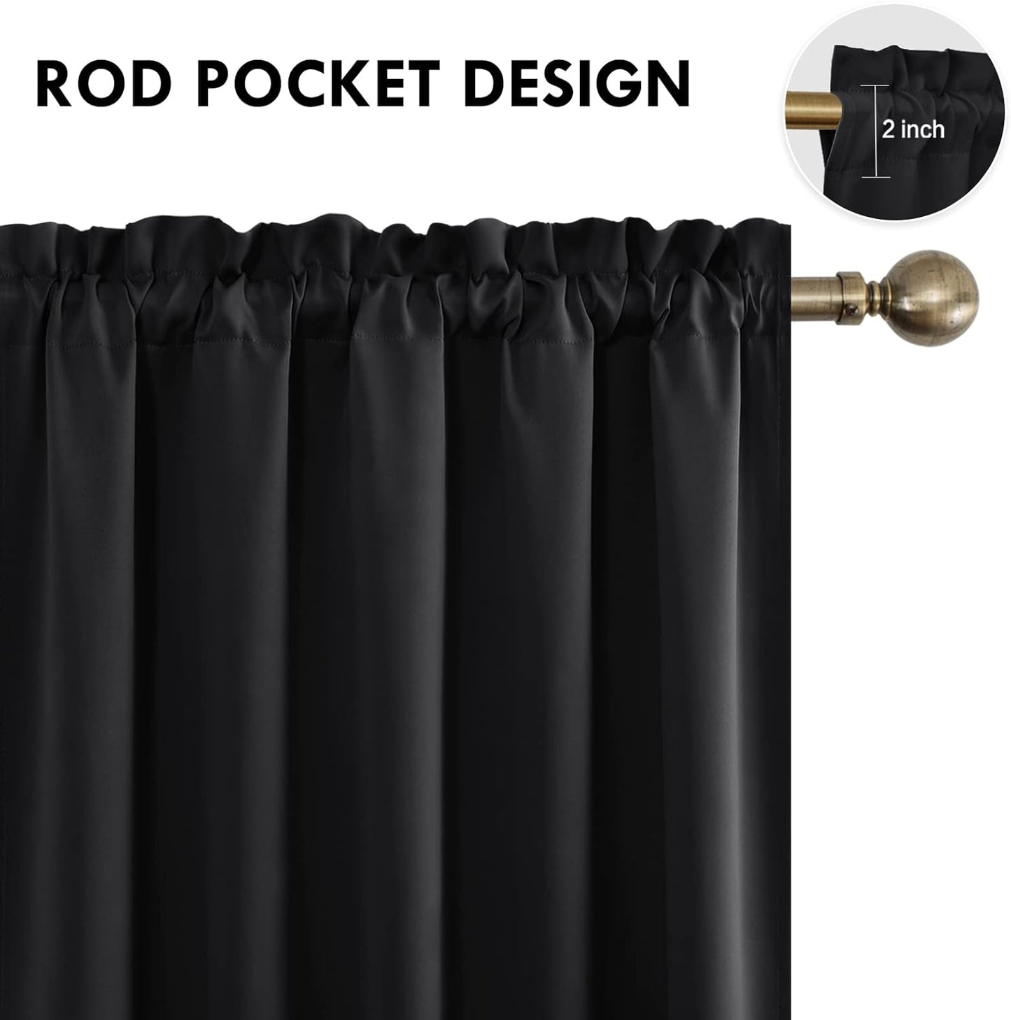 DWCN Black Blackout Curtains for Bedroom, 60 x 84 inches Long - Room Darkening Thermal Insulated Large Drapes, Set of 2 Rod Pocket Curtain Panels