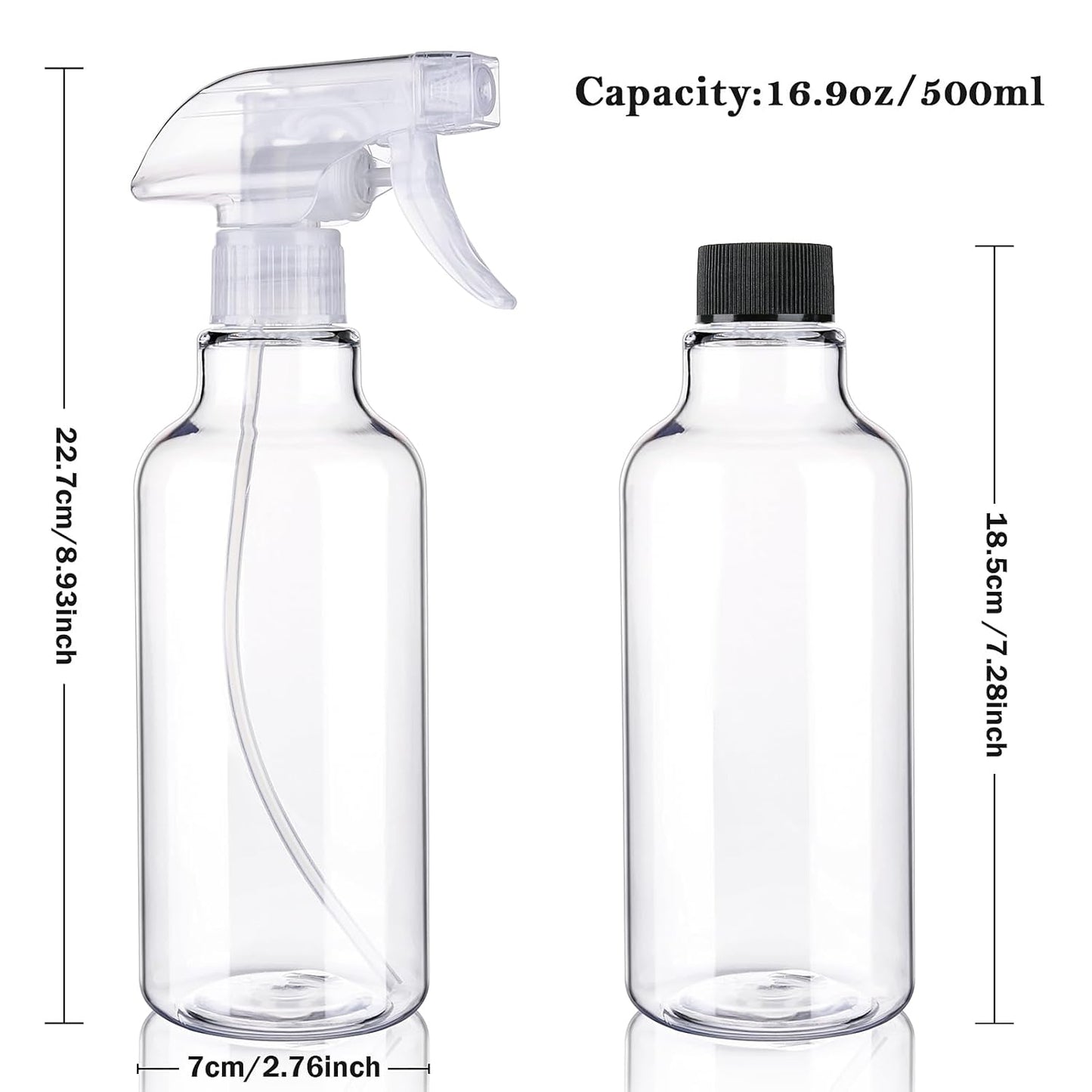 Plastic Spray Bottles Empty Spray Bottle 16.9oz/500ml 2 Pack Heavy Duty Spraying Bottles Mist/Stream Water Bottle for Cleaning Solutions, Essential Oils, Hair (Clear)